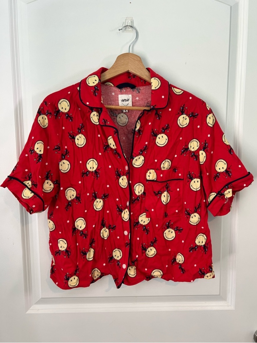 Aerie Smiley® Flannel Pajama Shirt + Ruffle Shorts Holiday Red Christmas PJ Set - Picture 6 of 13